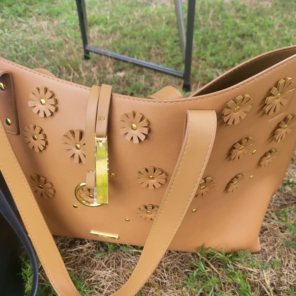 IMAN Tan Leather Floral Embellished Tote - Picture 2 of 4